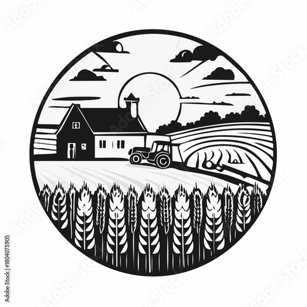 Obraz Morning Countryside Wheat Field with European Farmhouse and Farmer on Tractor – Linocut Style Illustration