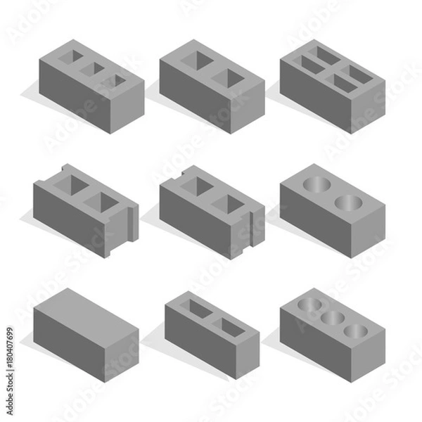 Fototapeta Set of isometric cinder blocks, vector illustration.