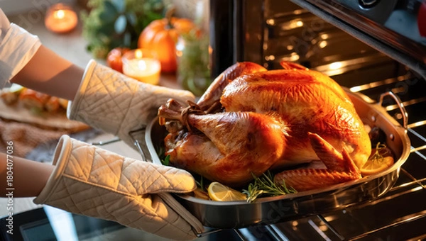 Fototapeta Freshly roasted golden turkey is being lifted from the oven with quilted mitts, surrounded by warm holiday lighting, aromatic herbs, and citrus slices for a festive, cozy atmosphere