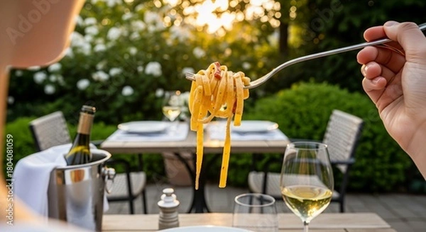 Fototapeta A personal point-of-view shot captures a forkful of delicious-looking pasta, sharply in focus, against a softly blurred background of a beautifully set outdoor dining table for two. Dappled late