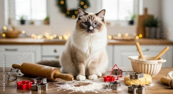 Fototapeta A charming Ragdoll cat with flour comically dusted on its nose sits innocently on a rustic wooden kitchen counter amidst Christmas cookie baking ingredients. A rolling pin, festive cookie cutters, and