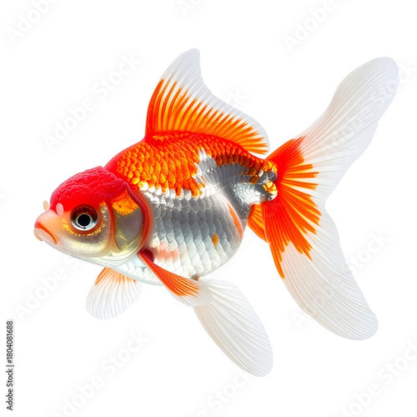 Fototapeta Vibrant Goldfish: A close-up view of a goldfish with stunning orange, red and white color palette, showcasing the graceful fins and scales. Capturing the beauty of the aquatic creature.
