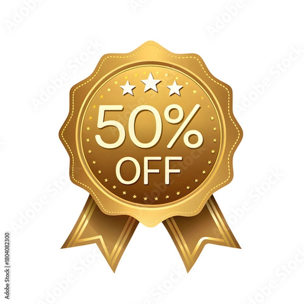 Fototapeta Get 50% Off with this luxurious golden badge symbol, ideal for promotional materials and advertising campaigns during seasonal sales and special offers now isolated on transparent background