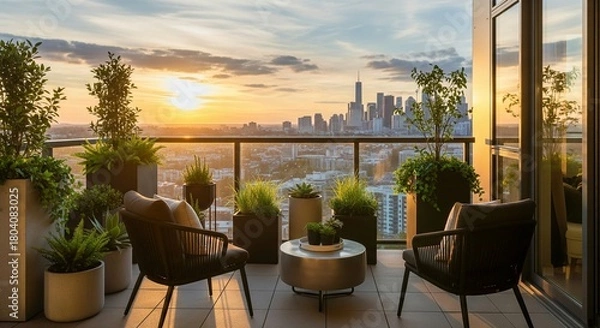 Fototapeta An architectural photograph captures a modern apartment balcony transformed into an inviting outdoor living space at golden hour. The balcony features two stylish, dark-toned weatherproof chairs