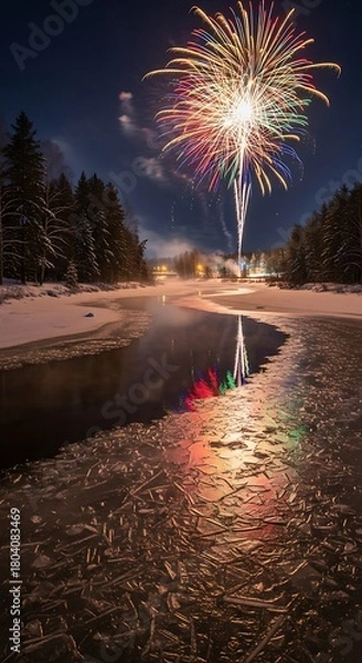 Obraz Fireworks over a river reflecting in the water at night.