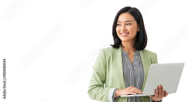 Obraz Smiling businesswoman holding a laptop isolated on transparent background