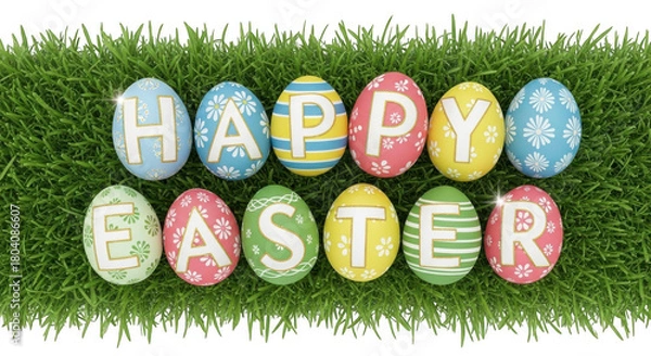 Obraz Happy easter eggs arranged on green grass