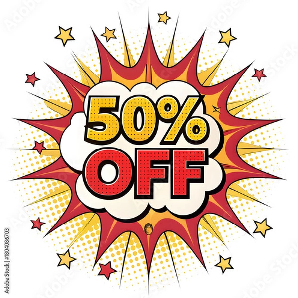 Fototapeta Exciting 50% Off Sale with Bursting Comic Book Style Design, Perfect for Eye-Catching Marketing Campaigns and Special Offers to Draw Customers In isolated on transparent background