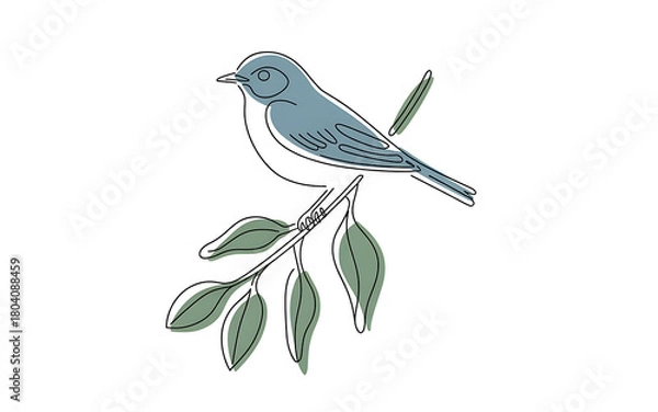 Obraz Minimalist illustration of a blue bird on a branch with green leaves