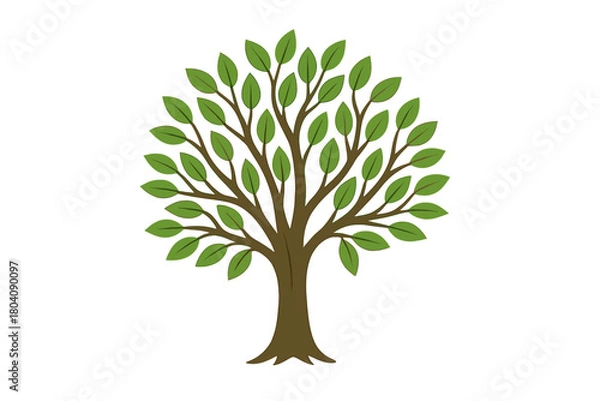 Obraz Stylized green leafy tree with brown trunk and branches on a white background