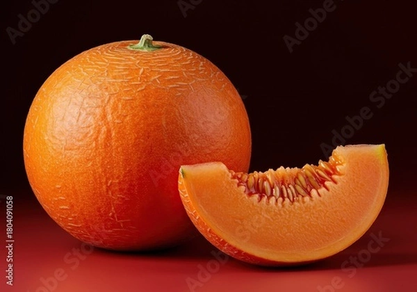 Fototapeta A vibrant, unusual melon with a warm, reddish-orange rind and sweet, succulent flesh, perfect for a refreshing treat or unique culinary creation ,unique ,vegan ,unusual