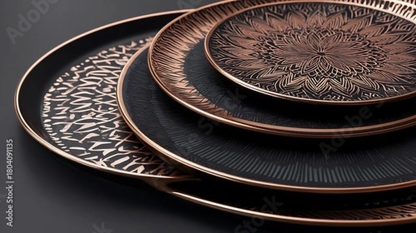 Fototapeta Modern flatlay of black and copper chargers on high-contrast pattern