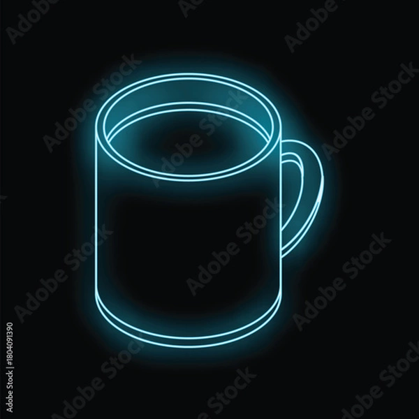 Fototapeta Blue neon mug shining in the dark background, simple minimalist isometric object
