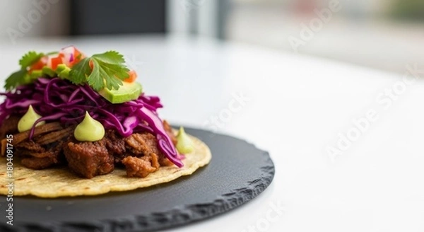 Fototapeta Delicious gourmet taco with shredded meat, red cabbage, avocado, and cilantro, served on a slate plate.