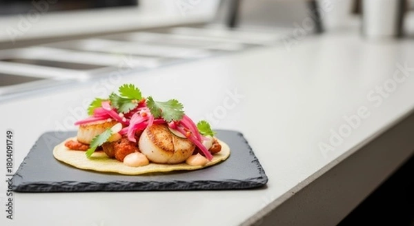 Fototapeta Gourmet scallop taco with pickled onions and cilantro, artfully presented on a slate plate.
