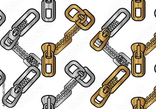 Fototapeta Seamless pattern of golden and silver zippers on a white background.