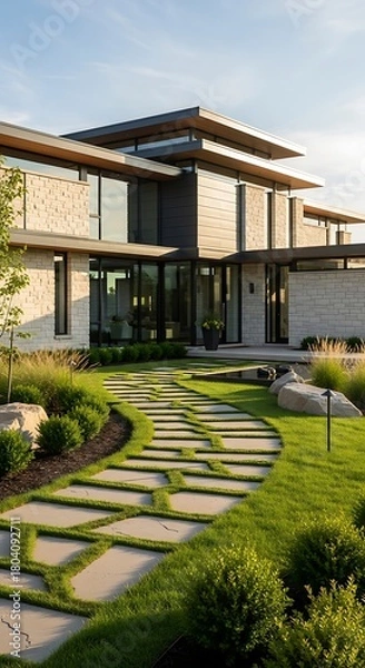 Obraz Modern Luxury Home with Lush Green Landscape and Stone Pathway.