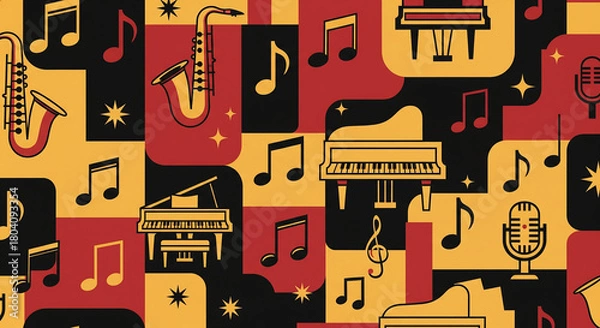 Fototapeta Retro Jazz Music Pattern with Saxophone, Piano, and Microphone