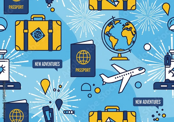Fototapeta Global travel and new adventures concept with luggage, passport, and airplane.