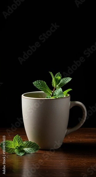 Obraz A warm, aromatic beverage in a ceramic cup, gently infused with fresh peppermint leaves, creating a delightful and calming sensory experience ,fragrant ,peppermint ,warm