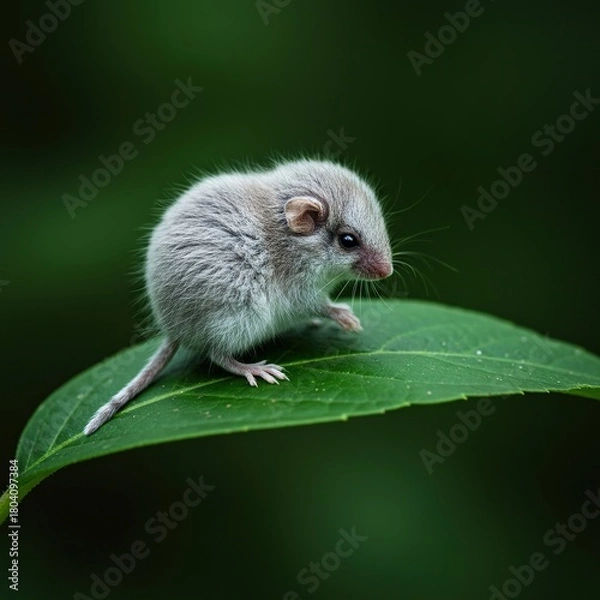 Fototapeta A whimsical, tiny mammal covered in soft, white dandelion-like fluff, perched gently on a green leaf in a serene forest ,summer ,plant ,forest