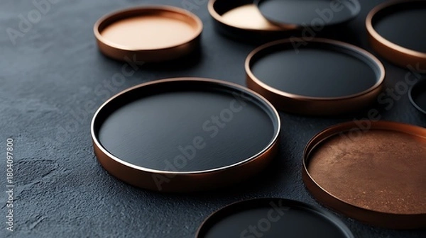 Fototapeta Modern flatlay of black and copper chargers on high-contrast pattern