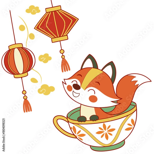 Fototapeta Year of the Dragon (or relevant animal) themed SVG: Content Foxe with in a teacup in a Lunar New Year / Chinese New Year environment