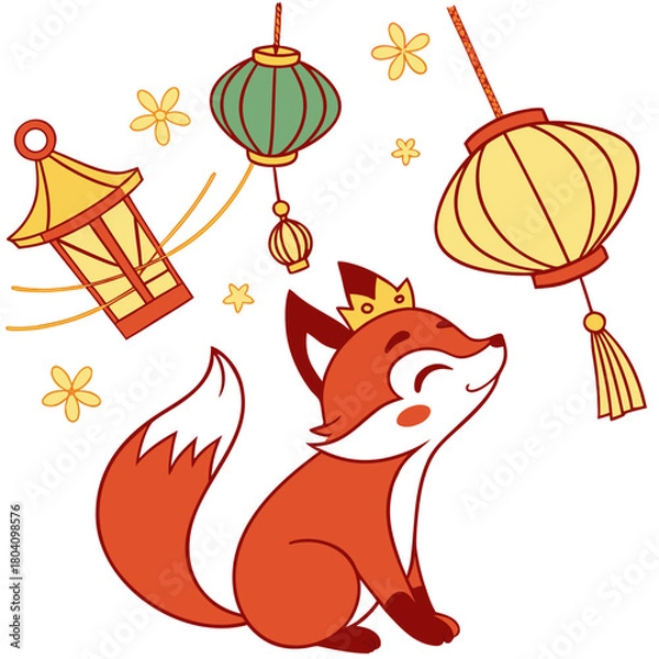 Fototapeta A Dreamy Foxe with with a tiny crown in a Lunar New Year / Chinese New Year theme – Year of the Dragon (or relevant animal) palette SVG illustration