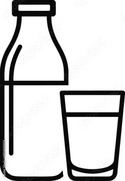 Obraz Milk Bottle and Glass Line Icon - Dairy Product Beverage Vector Symbol