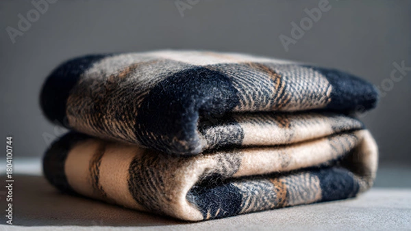 Fototapeta Cozy plaid blanket folded neatly, offering warmth and comfort for a relaxing home atmosphere, perfect for chilly evenings.