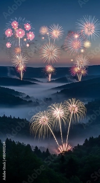 Obraz Spectacular Fireworks Display Illuminating a Misty Mountain Landscape at Dusk.