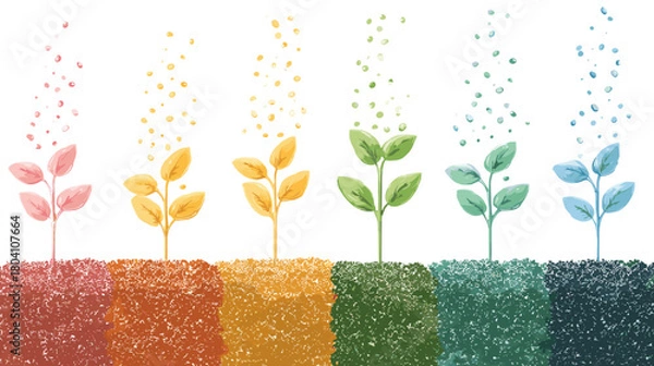 Fototapeta Colorful plants in a row isolated on representing growth stages