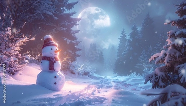 Fototapeta Enchanting winter scene with a merry christmas snowman, snow-covered trees, and a glowing full moon, perfect for holiday greetings