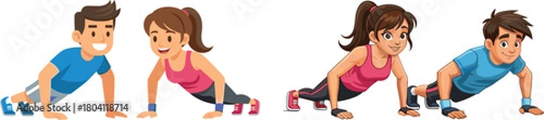 Obraz Cartoon illustration of active boys and girls doing push up exercises together, demonstrating strength training, fitness motivation, healthy lifestyle and fun workout teamwork activity