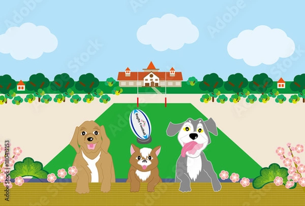 Obraz ラグビーボールとかわいい犬のイラスト年賀状テンプレート戌年２０１８