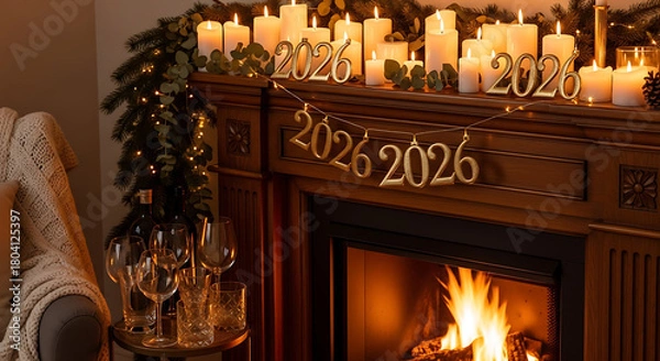 Obraz Cozy fireplace decorated for the new year 2026, new year event