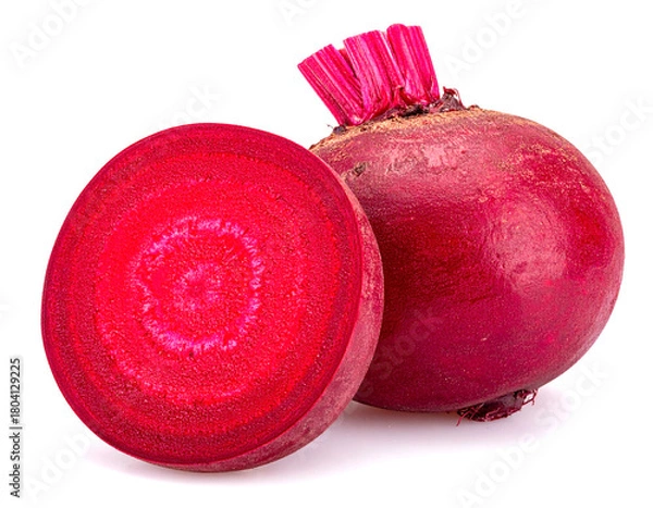 Fototapeta Fresh beetroot half and whole showing vibrant color on white background