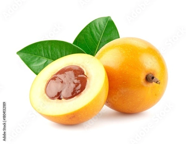 Fototapeta Lucuma fruits displayed with halved section showing seed on white background