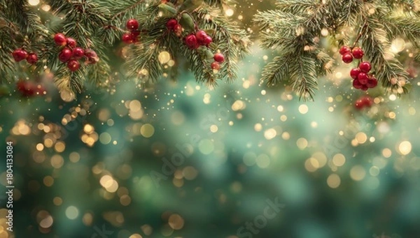 Fototapeta Decorative Christmas Pine Branches with Red Berries and Golden Lights