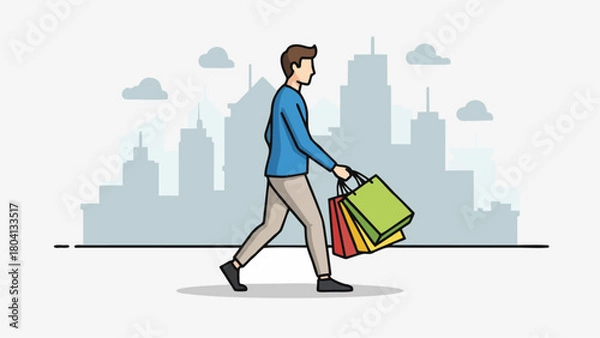 Obraz Man Walking with Shopping Bags in City Vector Illustration