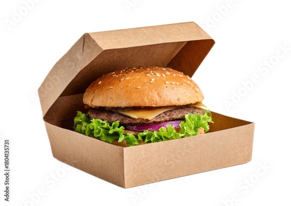 Obraz Fresh Cheeseburger in Brown Cardboard Takeout Box on White Background