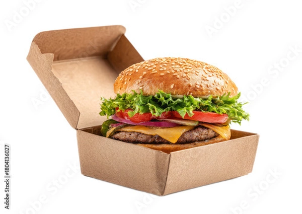 Obraz Fresh Cheeseburger with Lettuce Tomato Onion and Cheese in Brown Cardboard Box