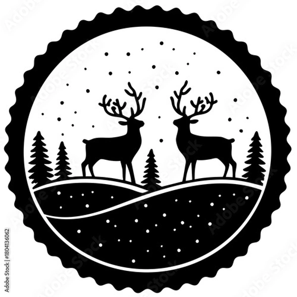 Fototapeta Christmas Stamp With Reindeers Solid Icon