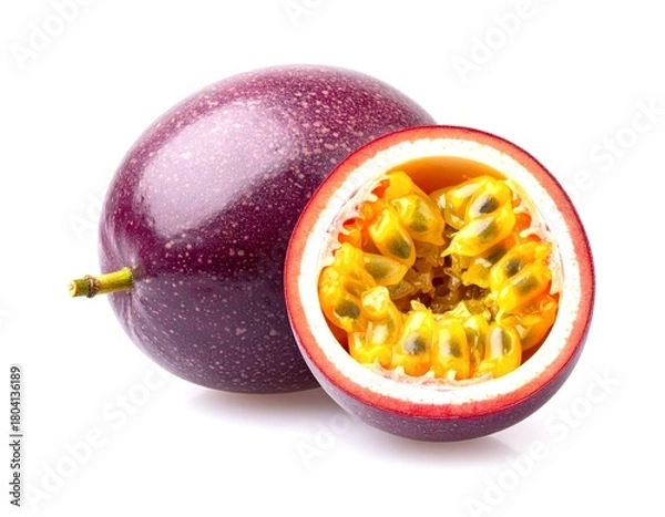 Fototapeta Passion fruit halved showing seeds and pulp on white background