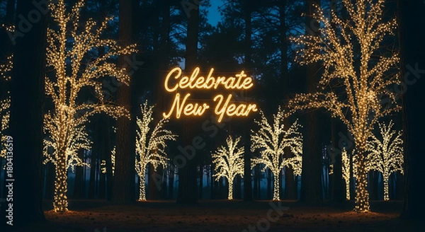 Obraz Celebrate new year with illuminated trees at night, new year event