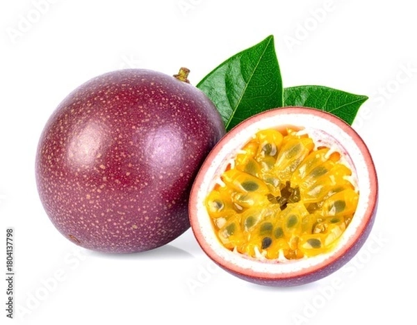 Fototapeta Passion fruit halves displaying juicy pulp and seeds on white