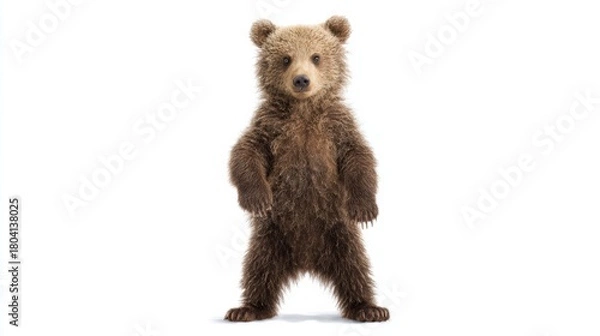 Fototapeta Brown Bear Cub Lying Calmly on White Background Close-Up