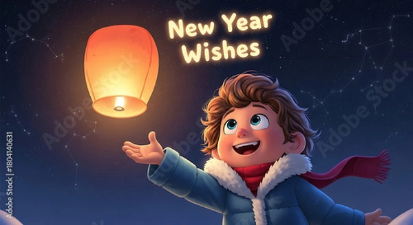 Fototapeta Boy releasing sky lantern for new year wishes, new year event