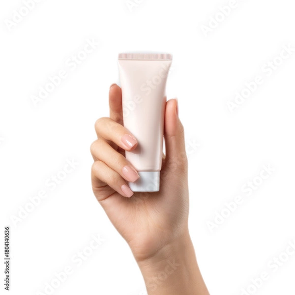 Obraz Hand Holding Empty Pink Cosmetic Tube on White Background