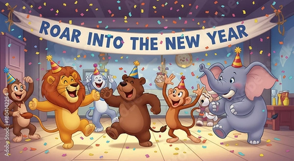 Obraz Animals celebrate the new year with confetti, new year event